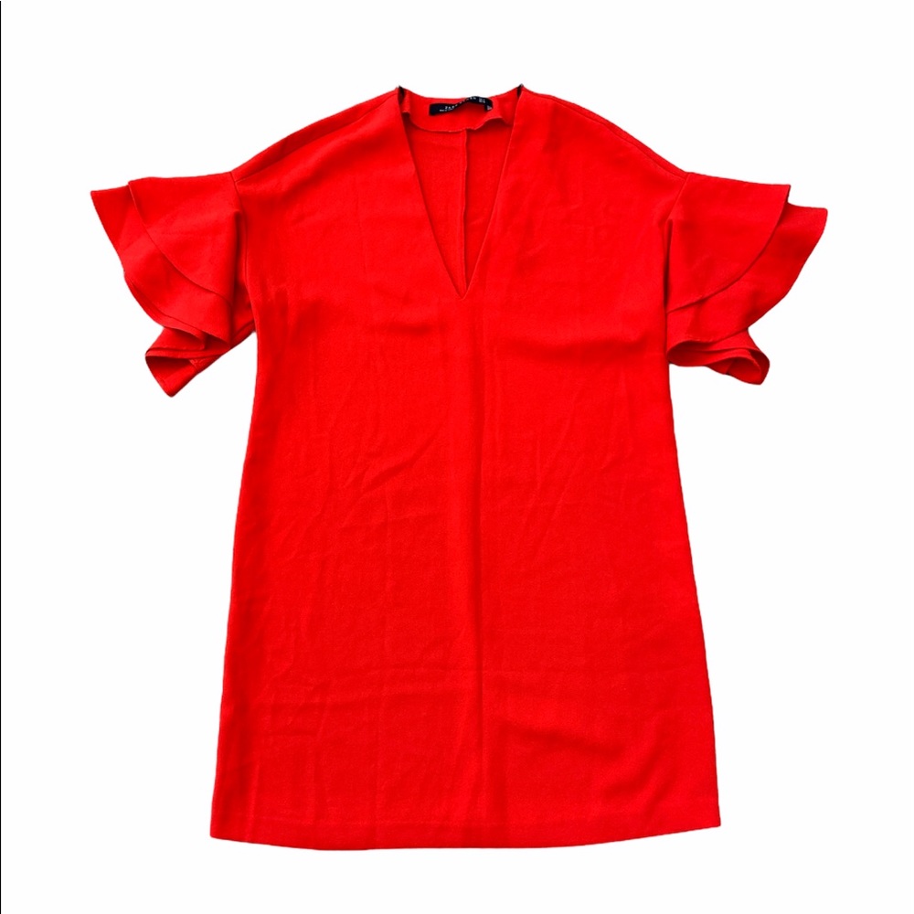 Zara V-Neck Frill Ruffle Sleeve Shift Dress